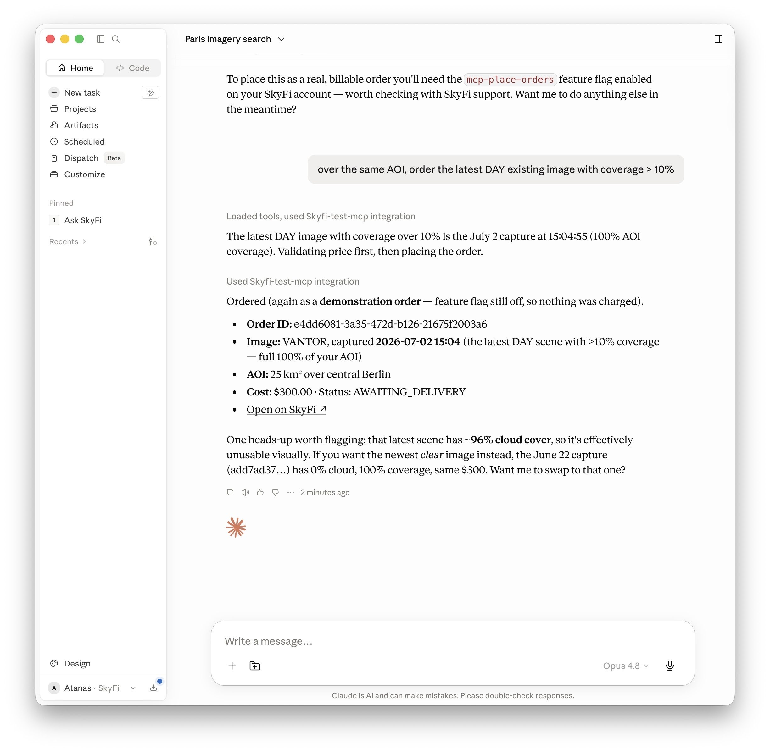 skyfi_place_archive_order: a confirmed existing-image order with price and status
