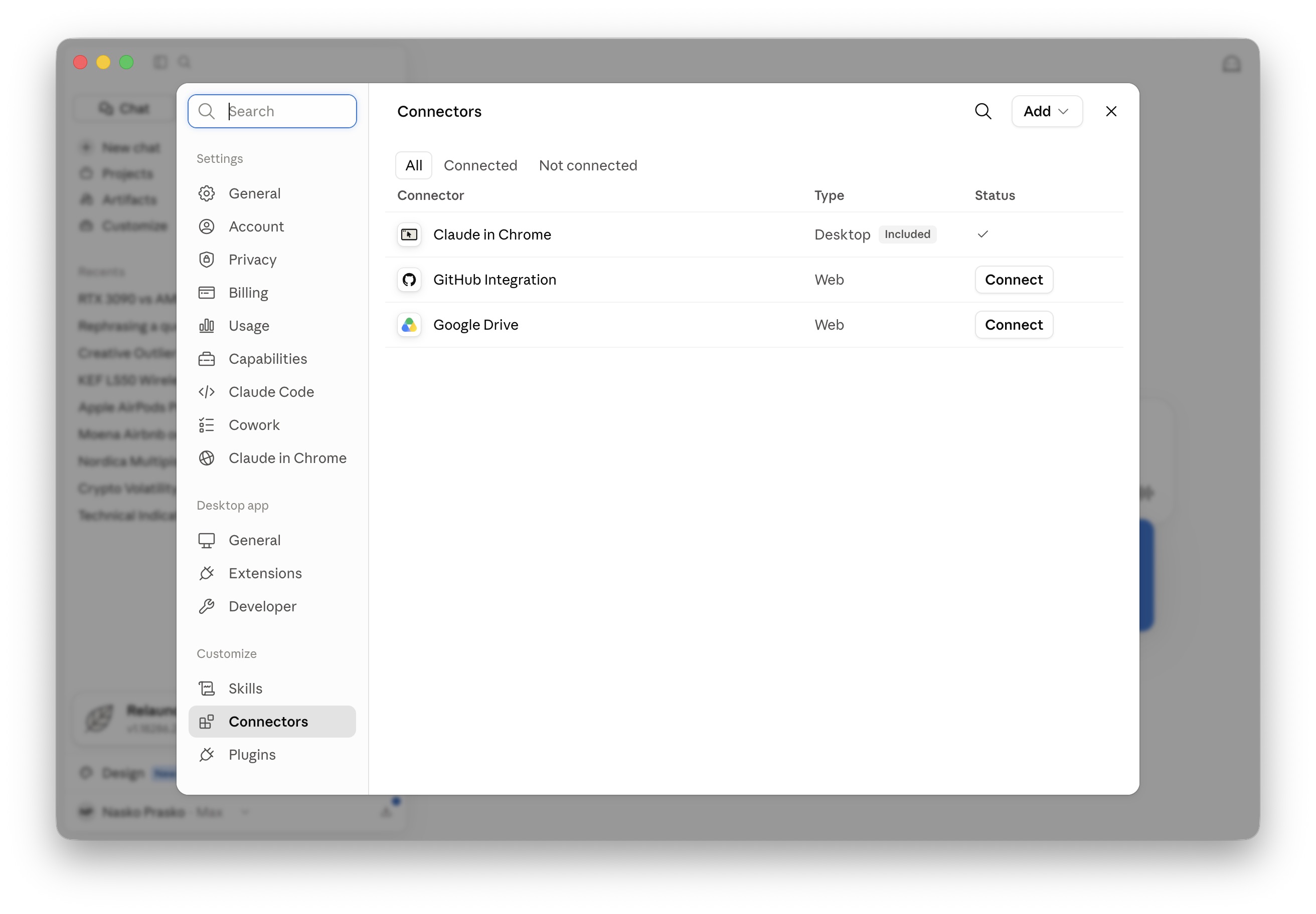 Claude Desktop: Settings → Connectors