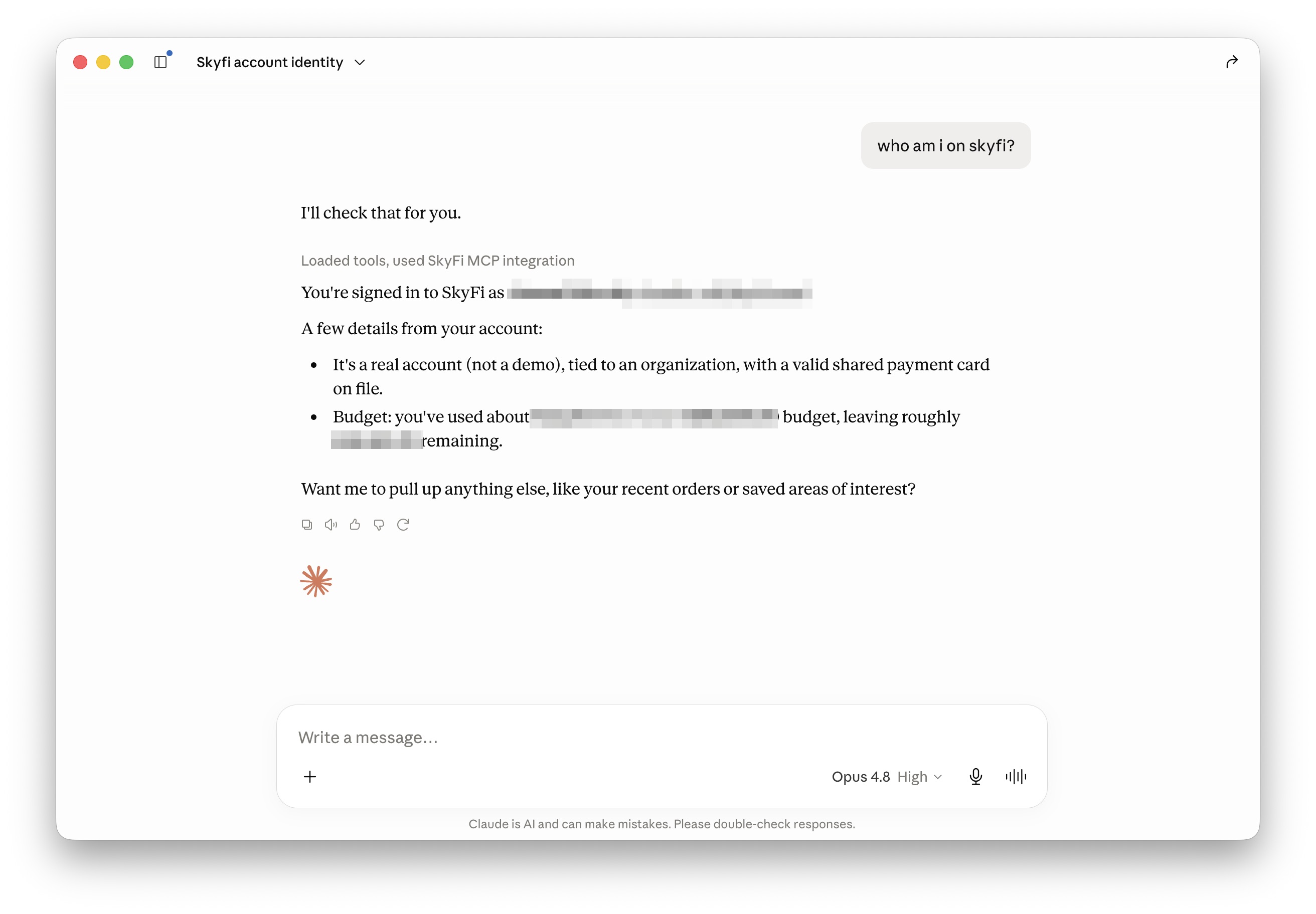 skyfi_whoami: account, organization, and budget summary