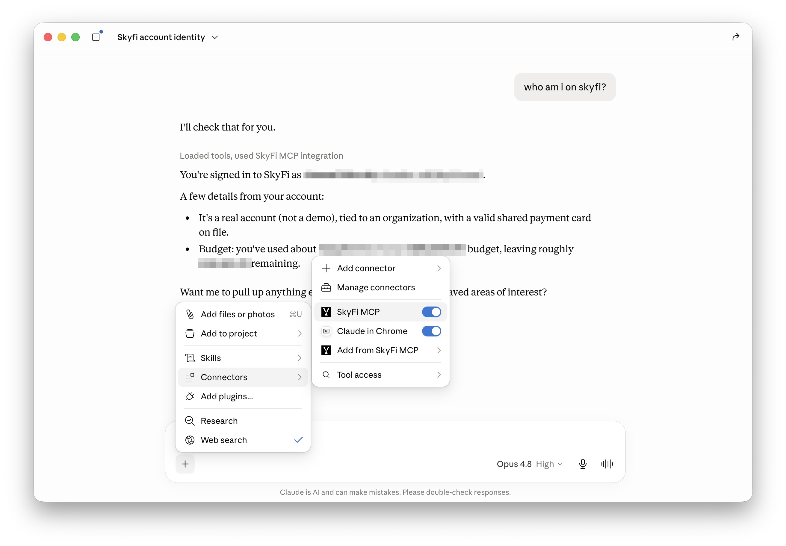 SkyFi tools enabled in the chat tools menu, with a first result