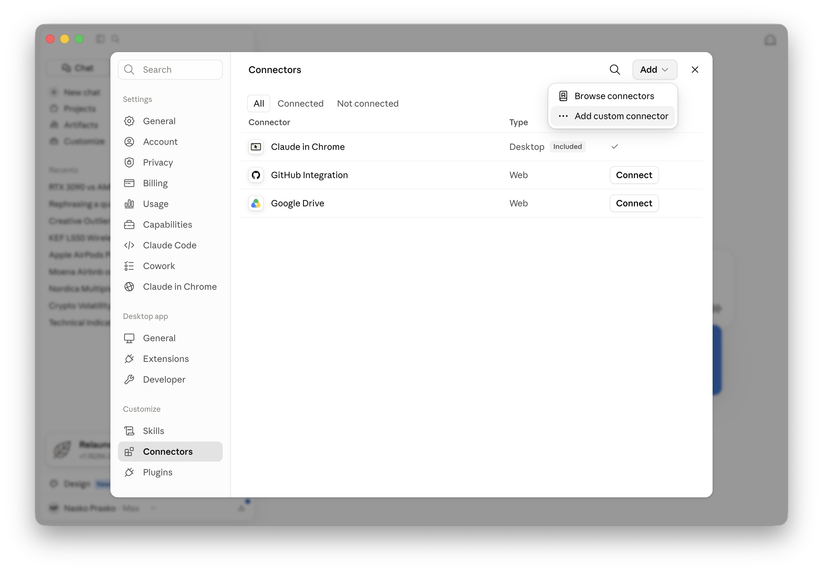 “Add custom connector” dialog with the SkyFi URL filled in #1