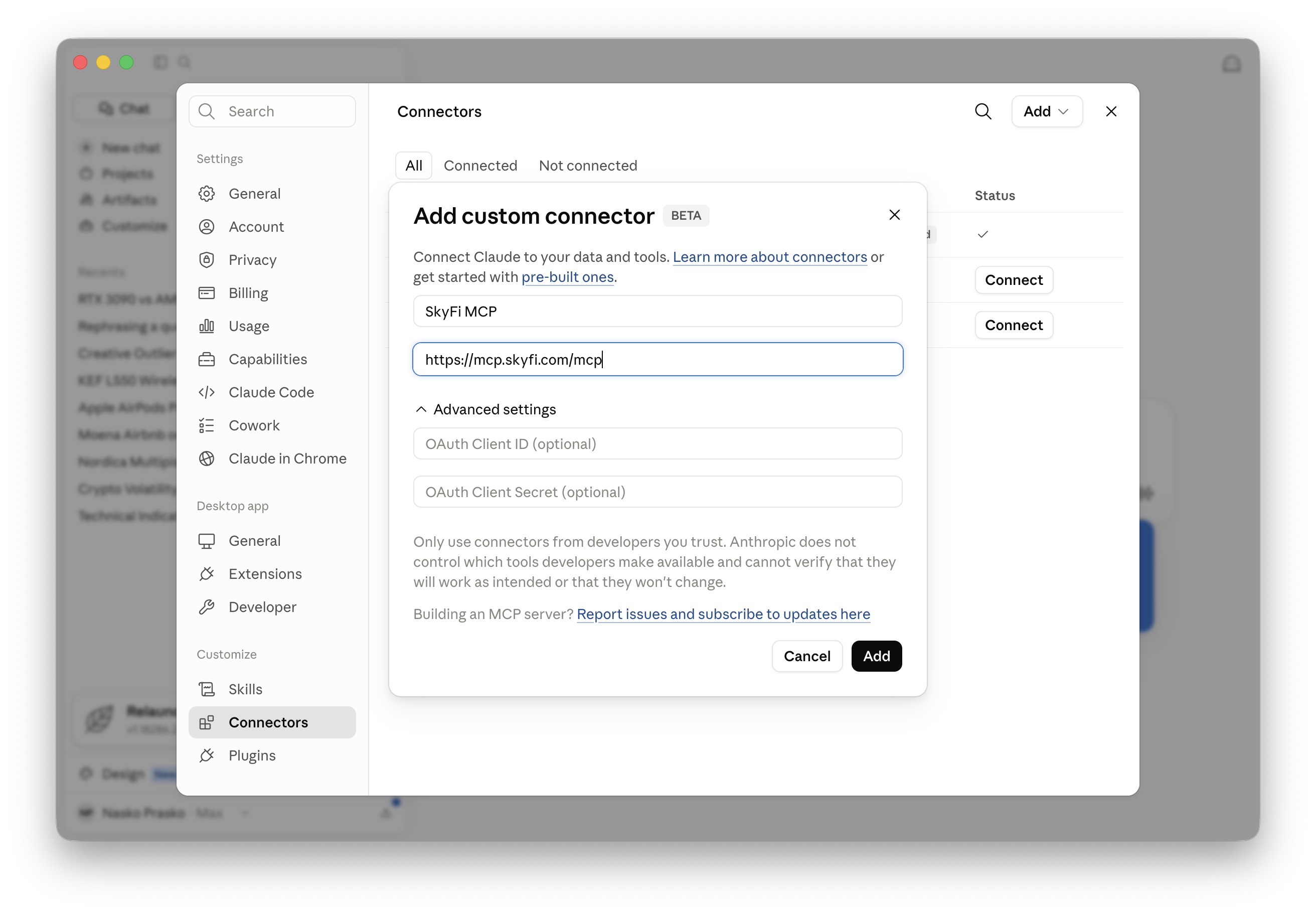 “Add custom connector” dialog with the SkyFi URL filled in #2