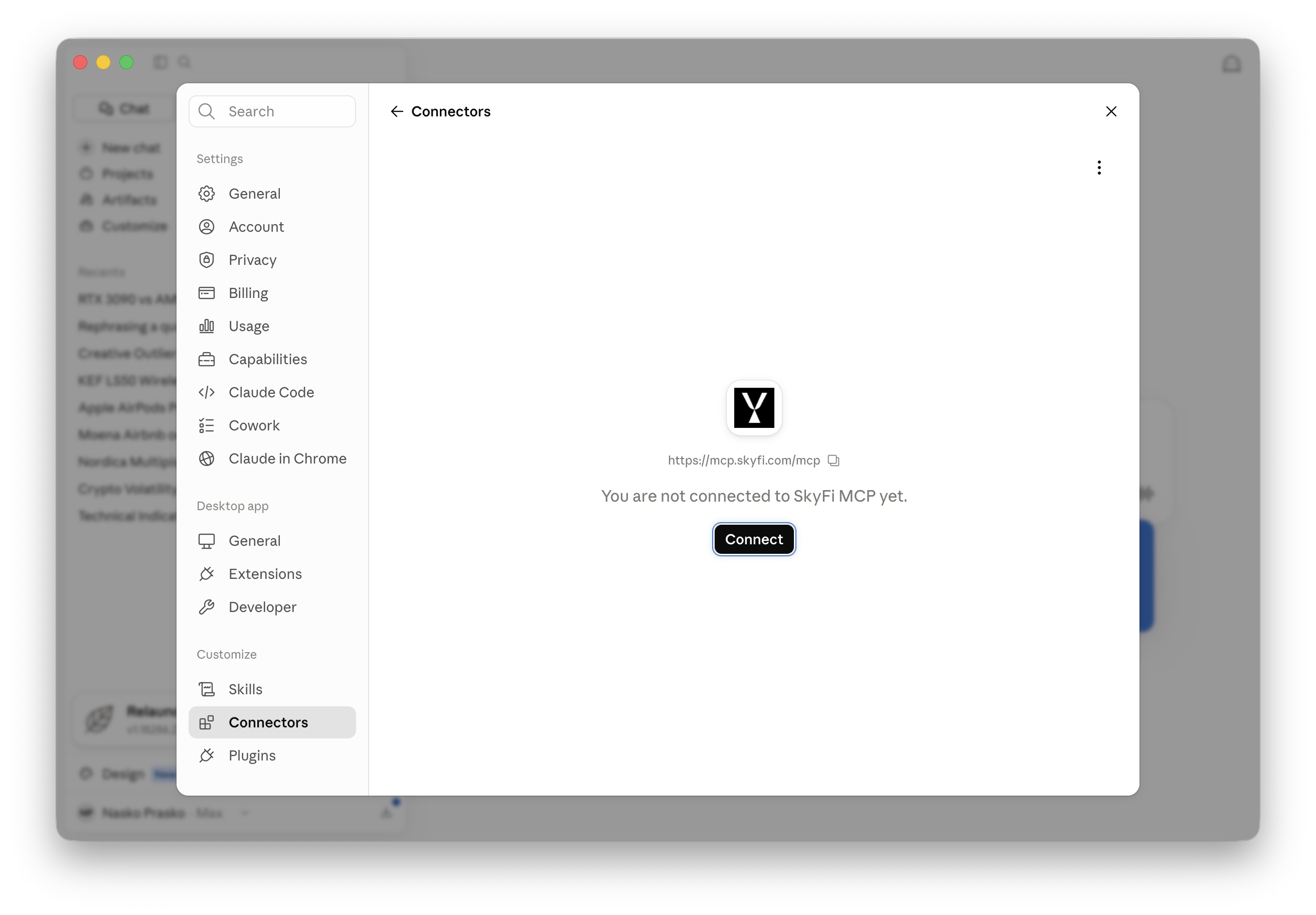 SkyFi MCP connector's Connect page