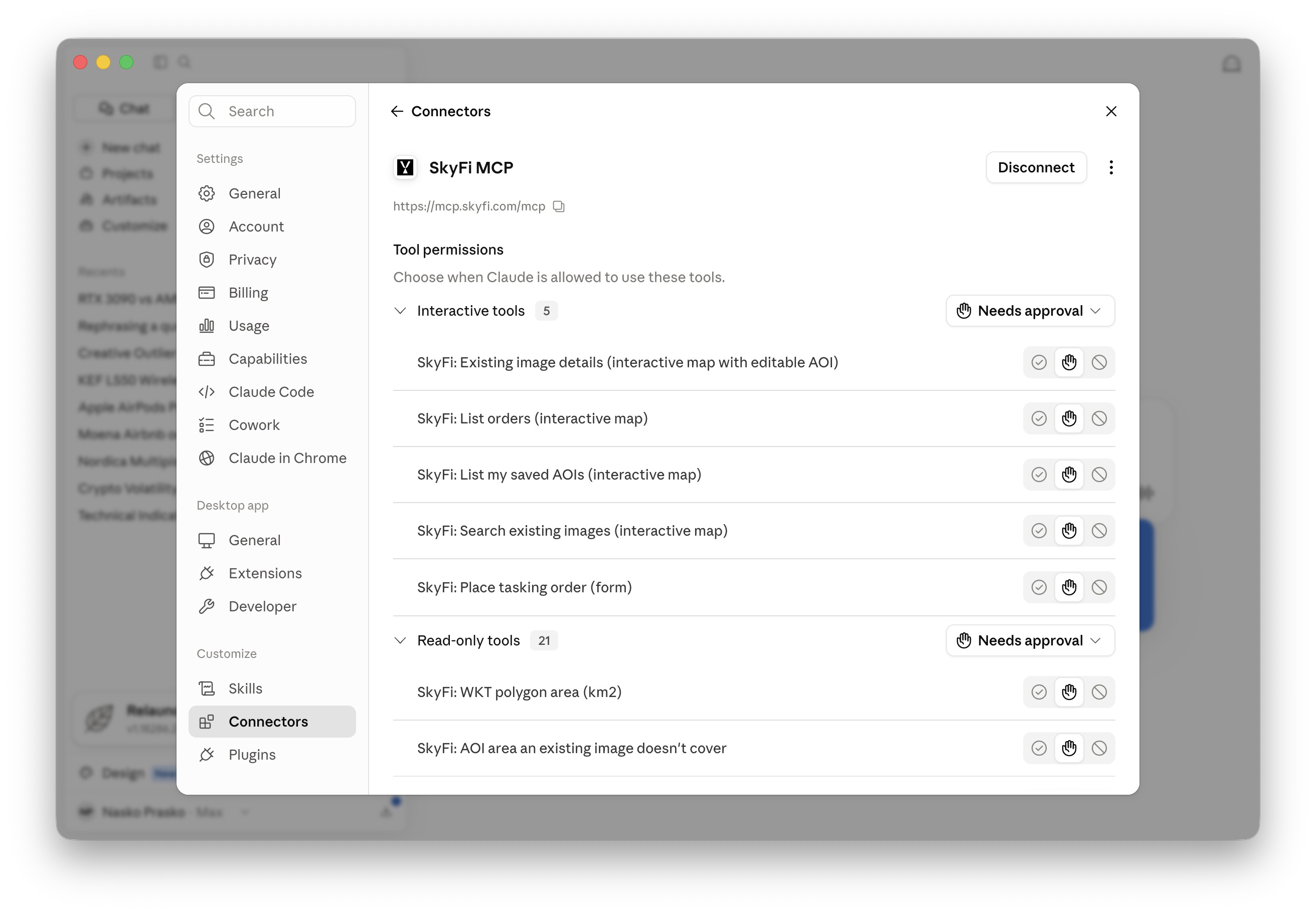 SkyFi MCP Connected with tools list