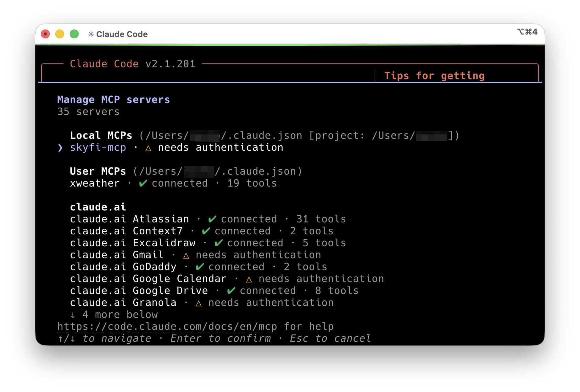 /mcp menu showing the skyfi server authenticated