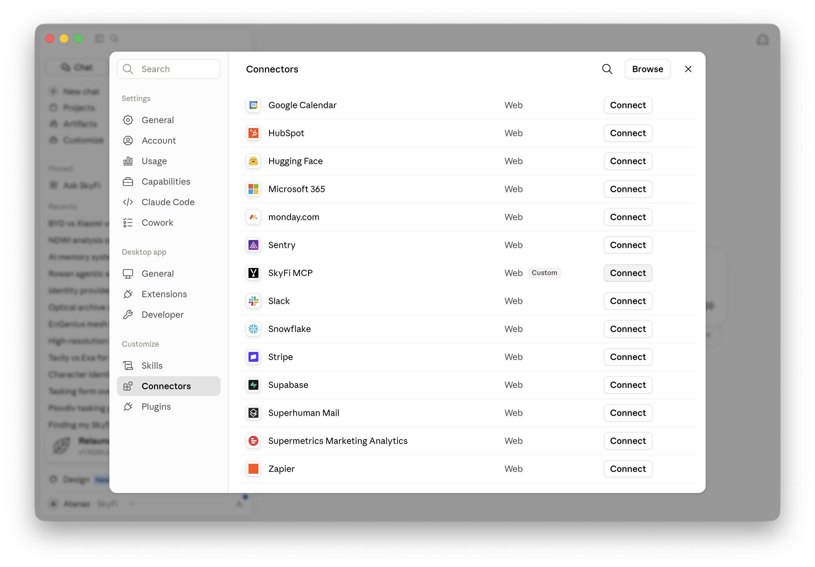 Member's Connectors settings with SkyFi showing “Connect”